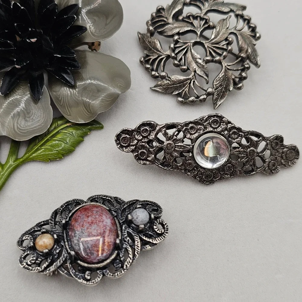 Brooch Lot Silver Toned Floral Bow 9pc Pin Vtg Enamel Rhinestone Cabochons Black